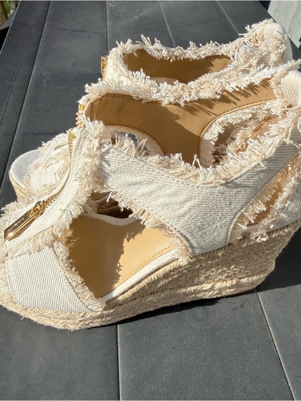 Michael Kors Cream Frayed Zip-Front Wedge Sandals - Picture 4 of 11